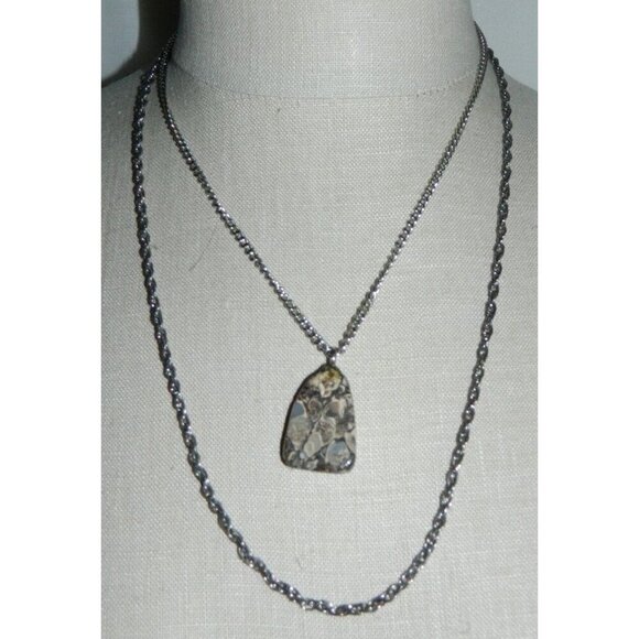 VTG Silver Tone Multi Chain Fossil Stone Pendant Necklace - Picture 1 of 5